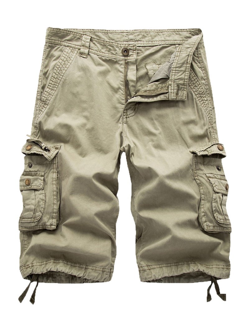 FOURSTEEDS Women's Cotton Loose Fit Zipper Multi-Pockets Twill Bermuda Drawstring Women Cargo Shorts Khaki US 18